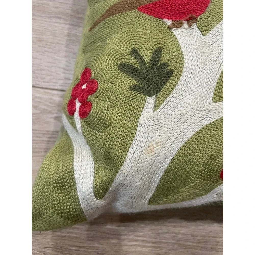 Pottery Barn Embroidered Bird Berries Limbs 17‎ x 17 Pillow w Feather Insert